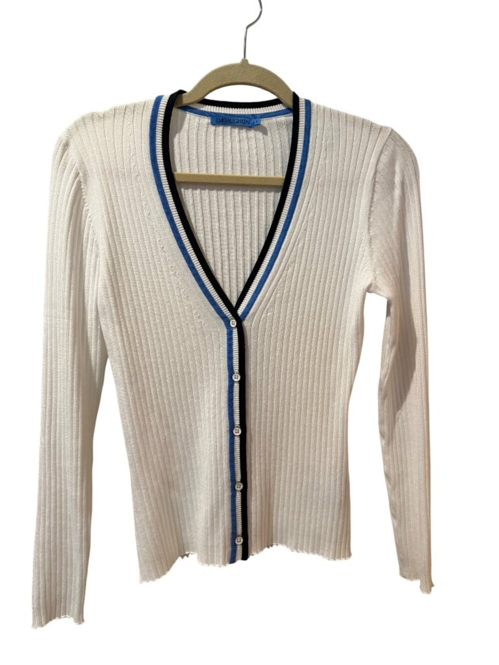 J. McLaughlin White Ribbed Cardigan with Blue Trim